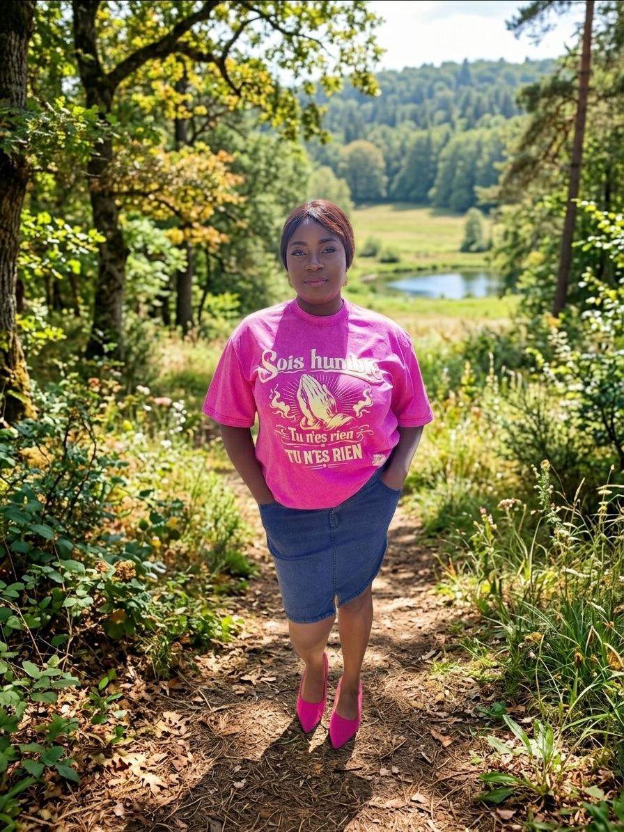 MK Bonheur — T-shirt Sois Humble porté en extérieur